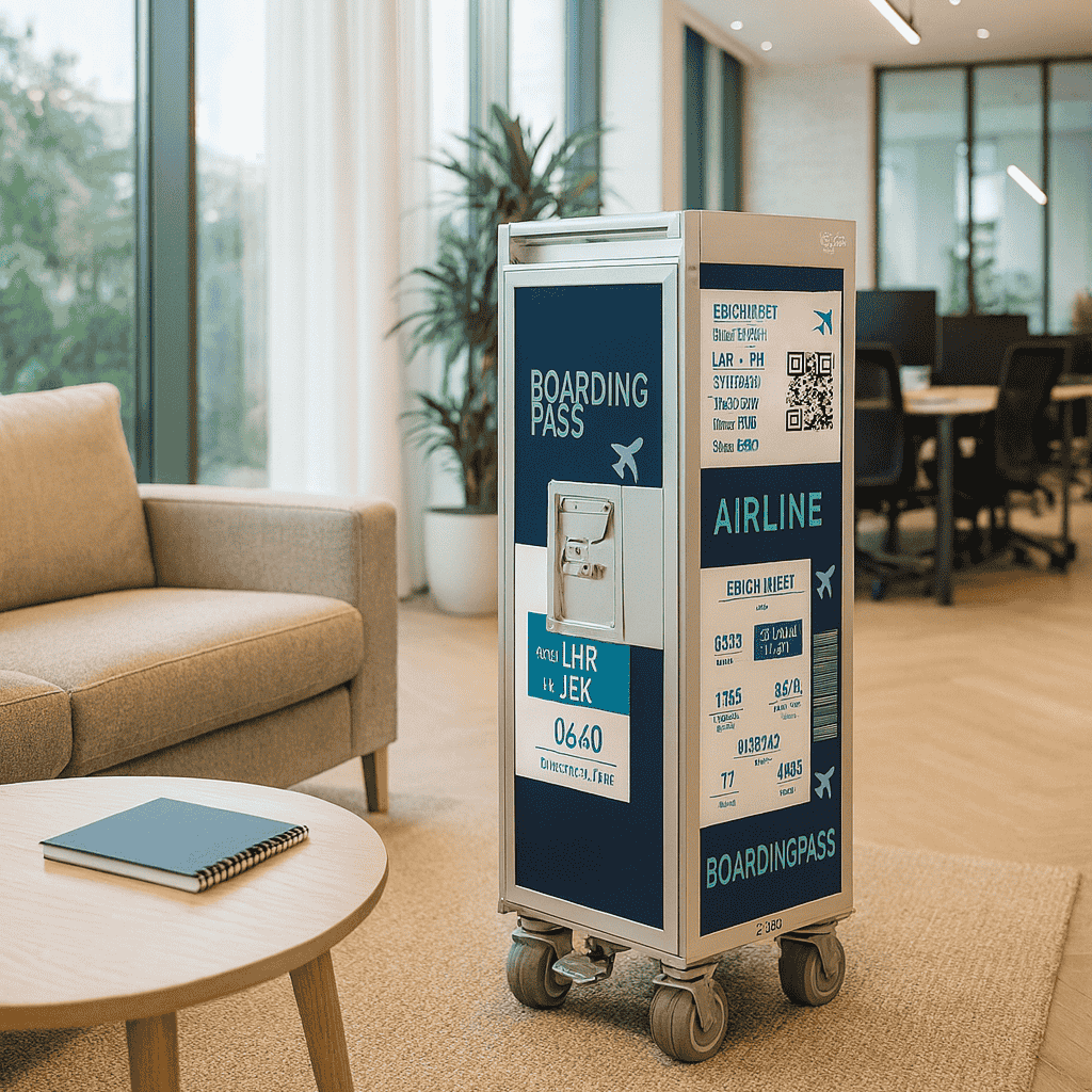 Moderner Airline-Trolley mit Boardingpass-Prints in stilvollem Büro mit beiger Couch und Tageslicht.