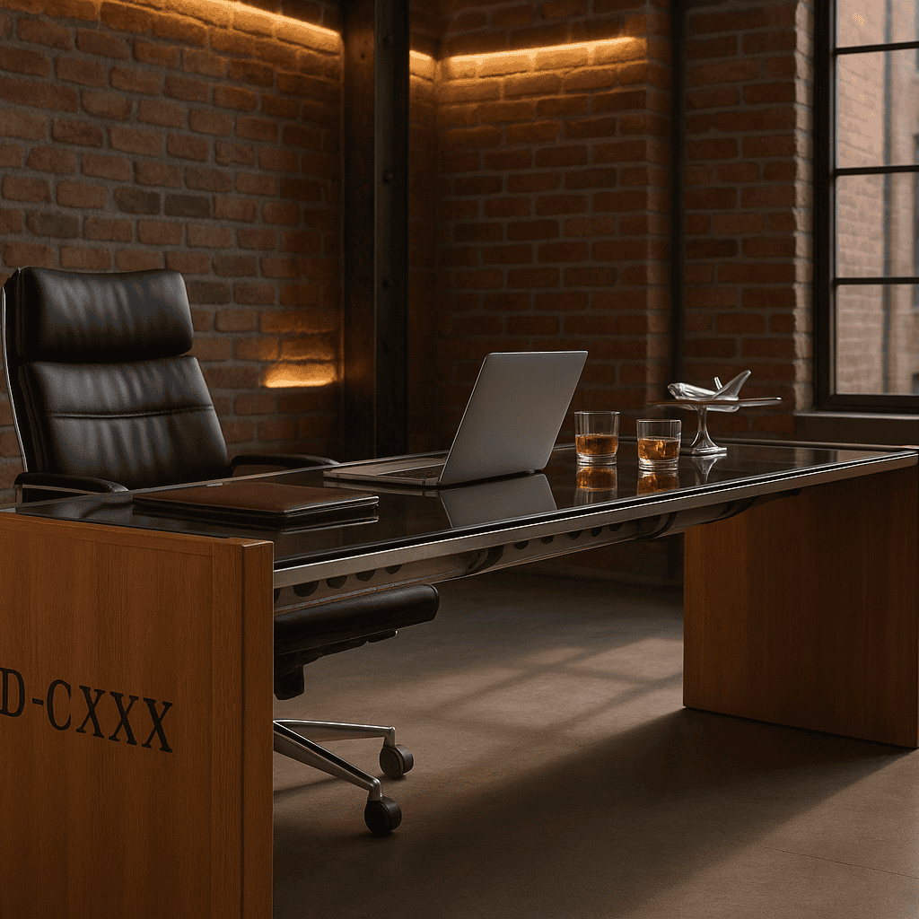 Moderner Büroraum mit Glastisch, offenem Laptop, Lederordner, zwei Gläsern mit Getränk und Flugzeugmodell.