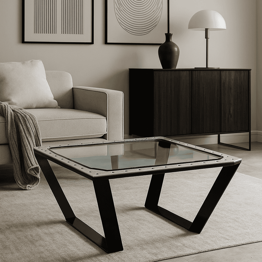 Moderner Couchtisch mit Glasplatte und schwarzen Metallbeinen im urbanen Wohnzimmer.