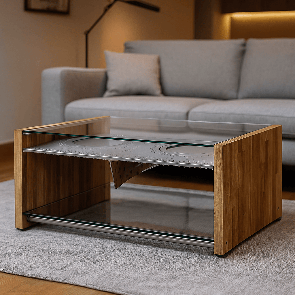 Moderner Couchtisch mit Holzseiten und zwei Glasebenen, gelochtes Metallblech dazwischen, in warmem Wohnzimmer mit hellgrauem Sofa.