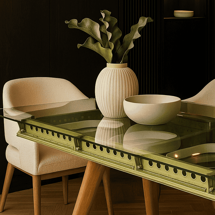 Moderner Essbereich mit Glastisch, grünlichem Gestell und weißen Keramikvasen.