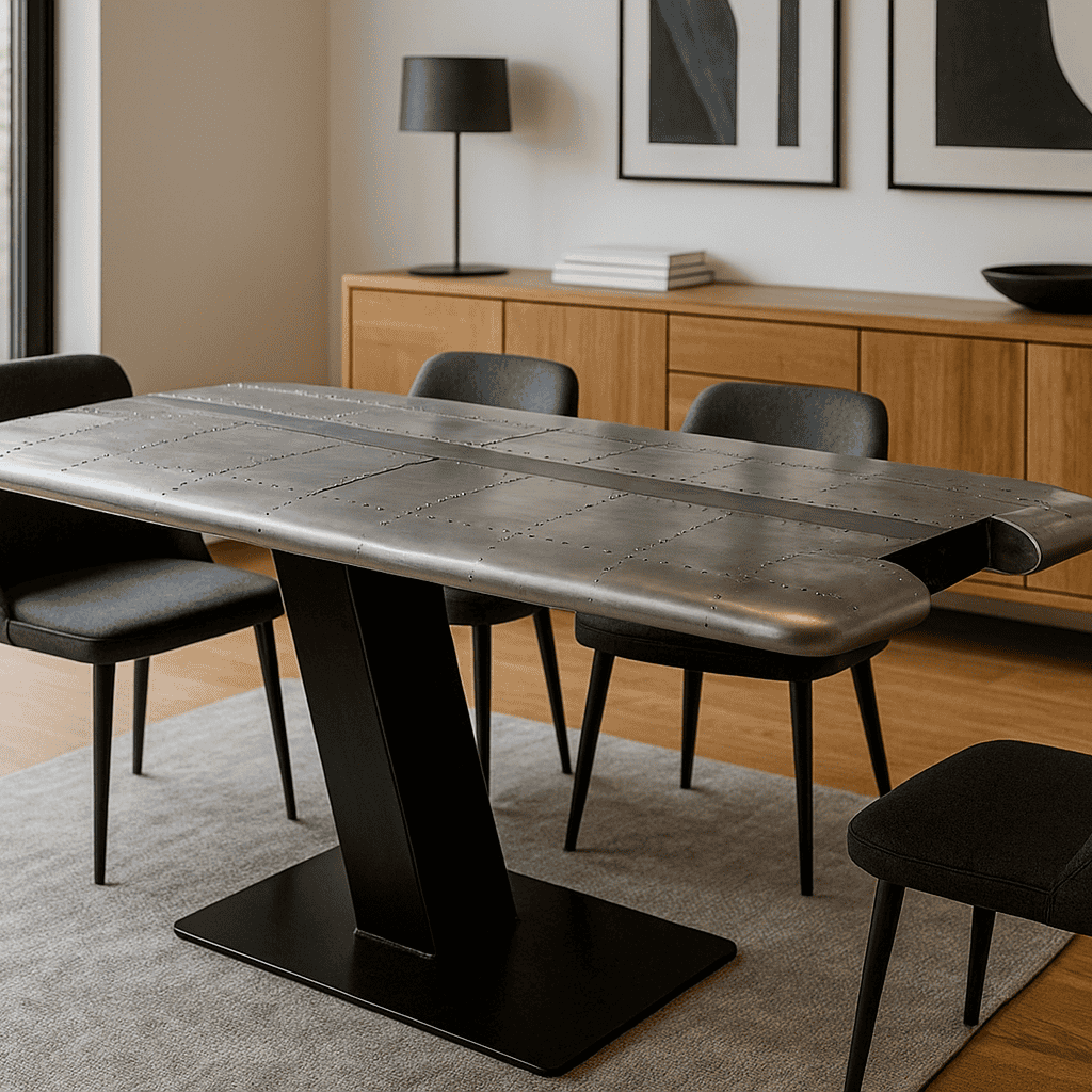 Moderner Essbereich mit Metalltisch aus Flugzeugteilen und schwarzen Polsterstühlen auf Holzboden.