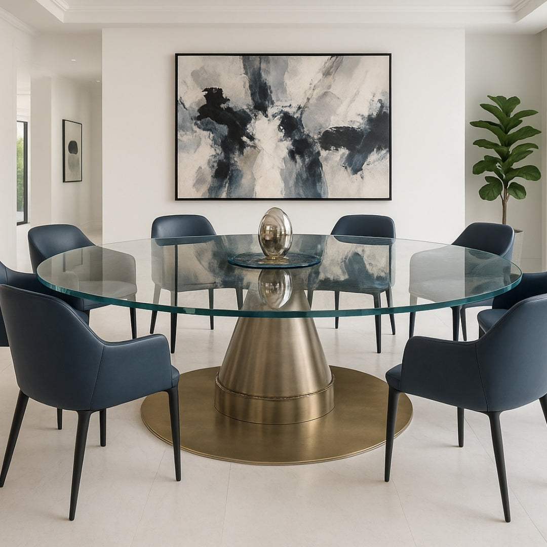 Moderner Essbereich mit rundem Glastisch und dunkelblauen Polsterstühlen