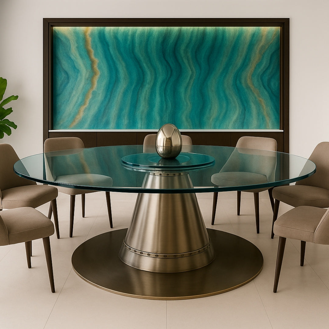 Moderner Essbereich mit rundem Glastisch und beigen Polsterstühlen, abstraktes Kunstwerk an der Wand