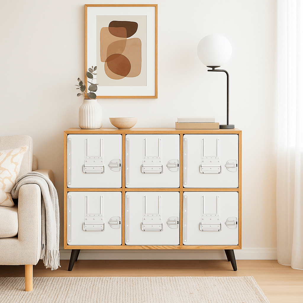 Moderner Holz-Sideboard mit weißen Türen, Metallgriffen und Dekoration im Wohnzimmer.