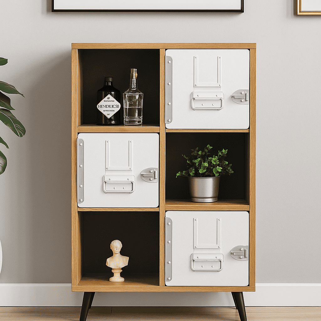 Moderner Holzregalschrank mit Metalltüren, Pflanzen, Flaschen und Büste vor heller Wand und Holzboden.