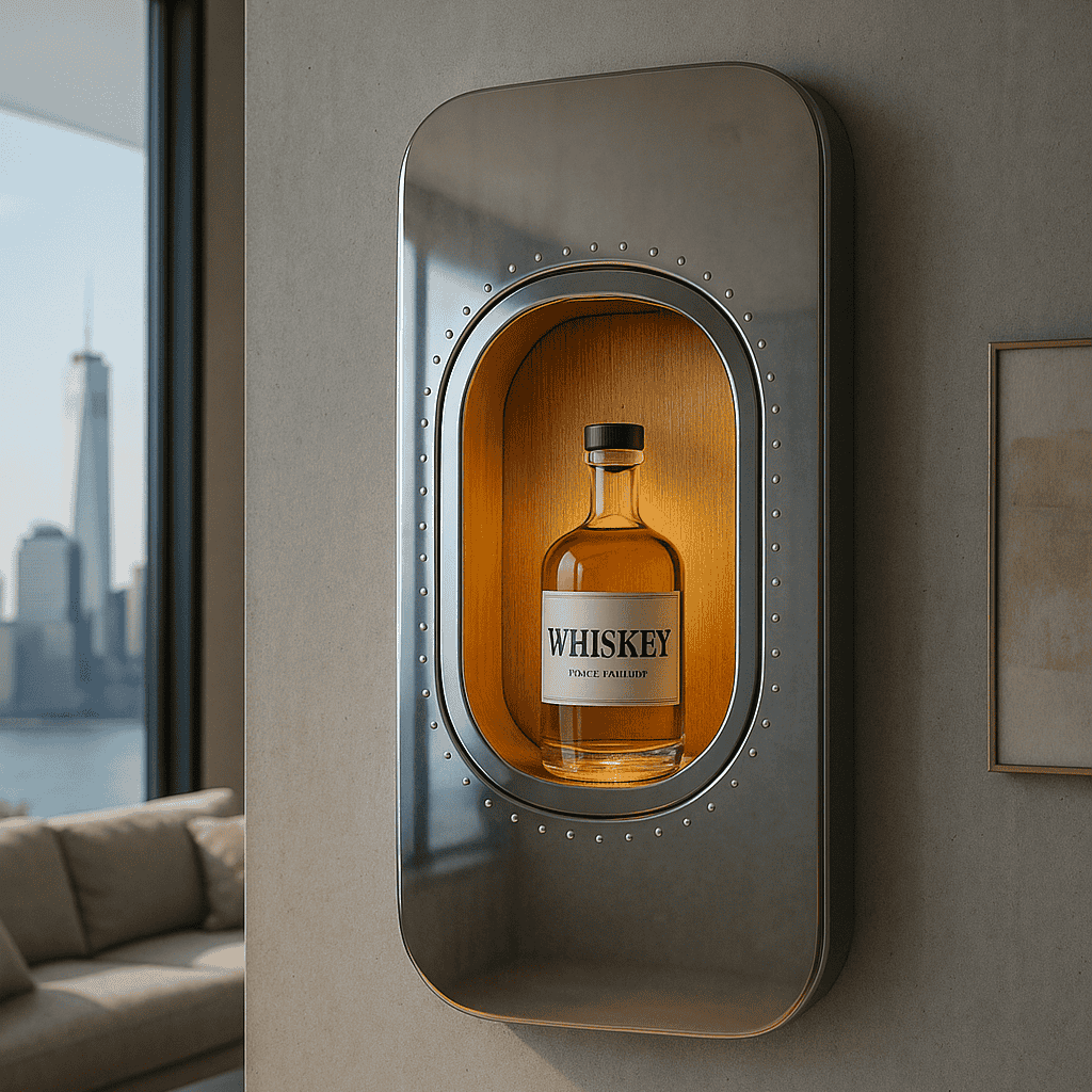 Moderner Innenraum mit Whiskey-Flasche in metallischer Wandnische neben Fenster mit Stadtblick