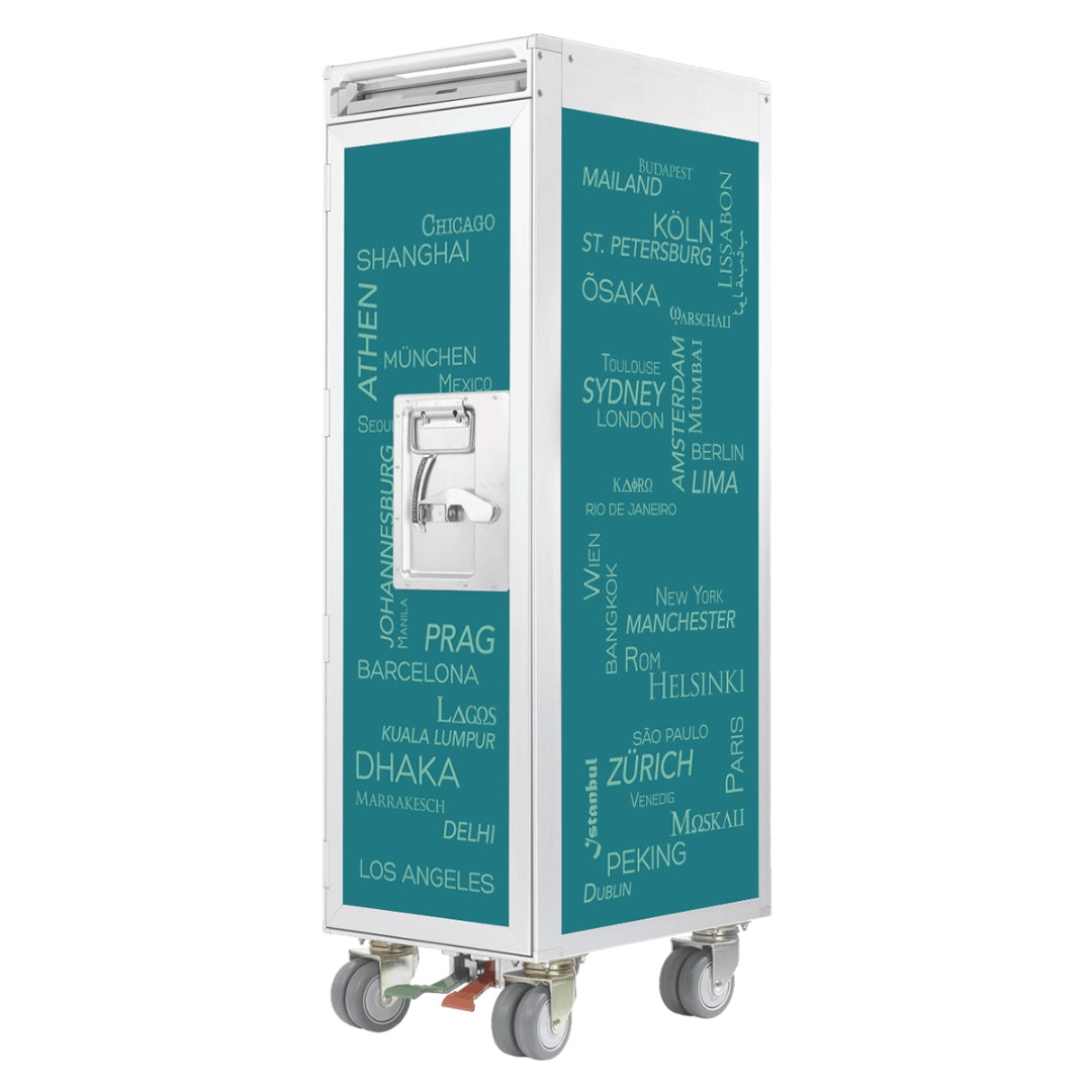 Moderner mobiler Metalltrolley mit türkisfarbenem Design und Weltstädtenamen