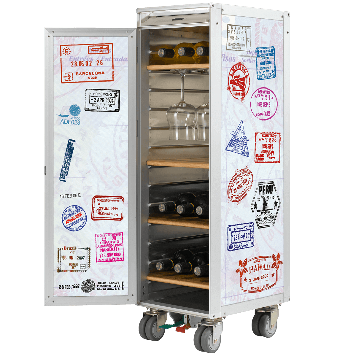 Moderner, mobiler Weinschrank aus Metall mit Glastüren und Holzregalen für Flaschen und Gläser.