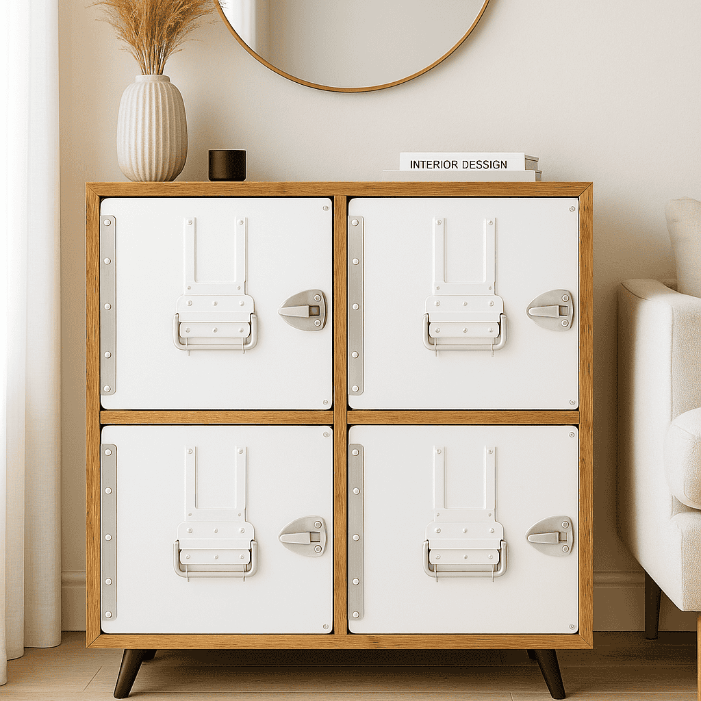 Moderner schwarzer Holztisch mit weißen Metallelementen und rundem Spiegel in stilvollem Wohnambiente