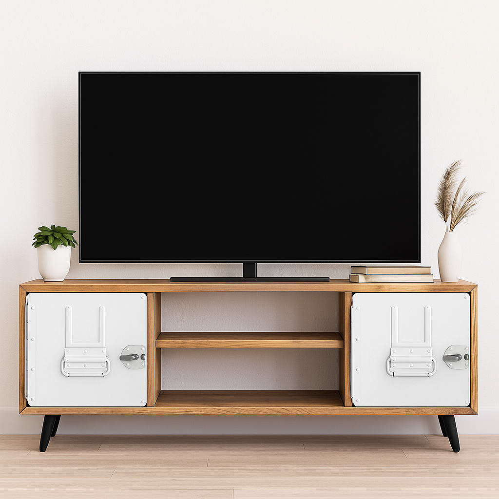 Moderner TV-Schrank aus hellem Holz mit weißen Metalltüren und schwarzen Winkelfüßen, dekoriert mit Pflanzen und Büchern