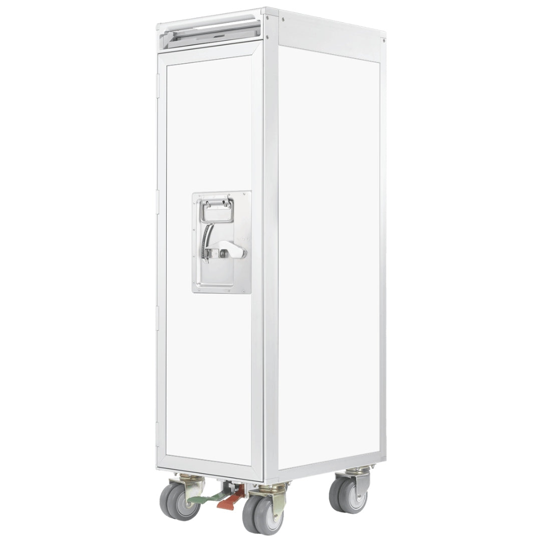 Moderner weißer Metallschrank mit Griff und Schloss auf robusten Rollen