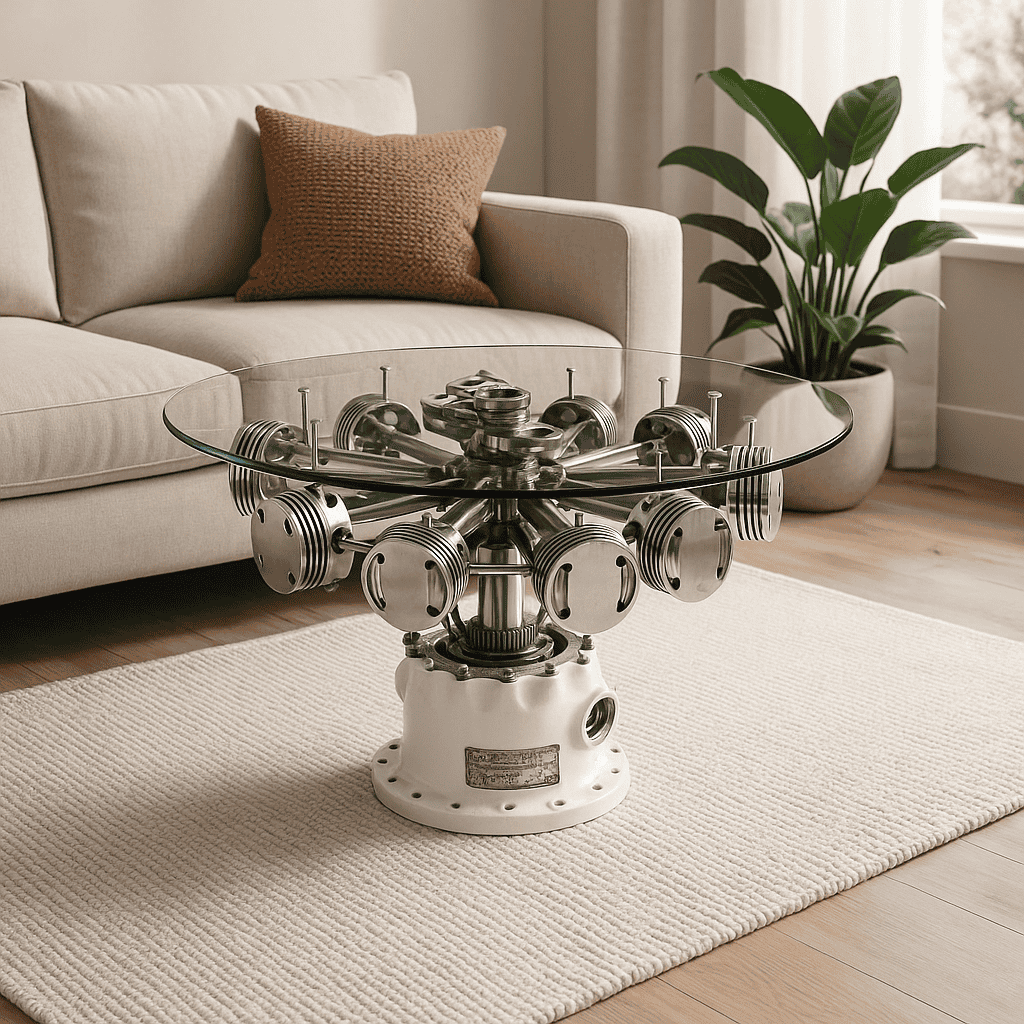 Moderner Wohnbereich mit Couchtisch aus Metall und Glas, beigem Sofa, braunem Kissen, grüner Pflanze und Holzfußboden.