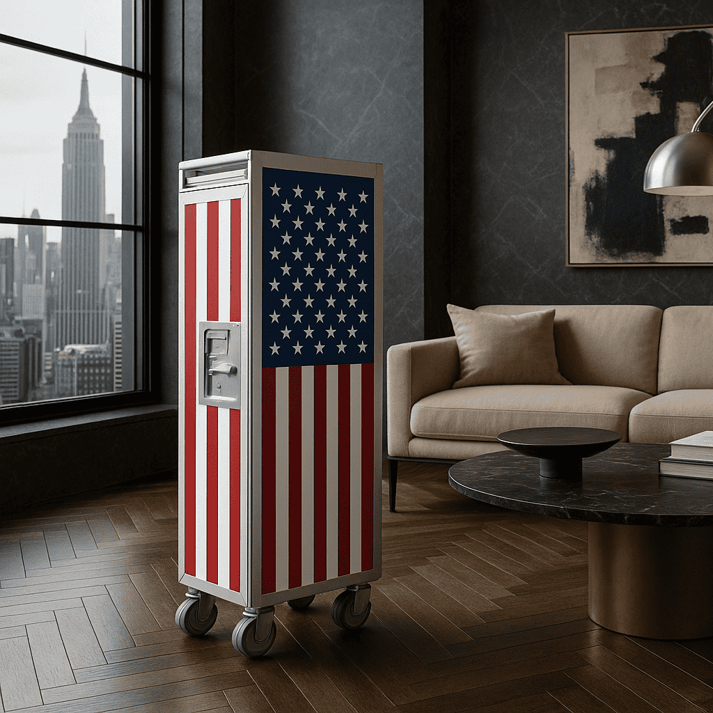 Moderner Wohnraum mit beiger Couch, Marmortisch und Flaggen-Trolley vor Fenster mit Blick auf Empire State Building