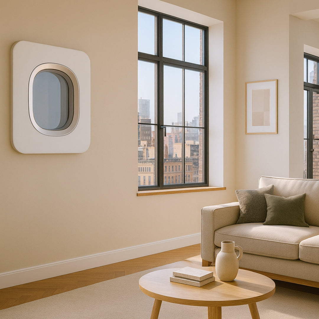 Moderner Wohnraum mit beigem Sofa, grünen Kissen, rundem Holztisch, abstrakter Kunst und Flugzeugfensterspiegel.