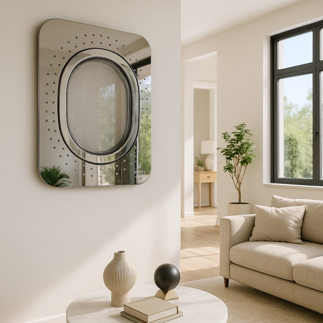 Moderner Wohnraum mit metallischem Wandspiegel, beigem Sofa und rundem Marmor-Couchtisch.