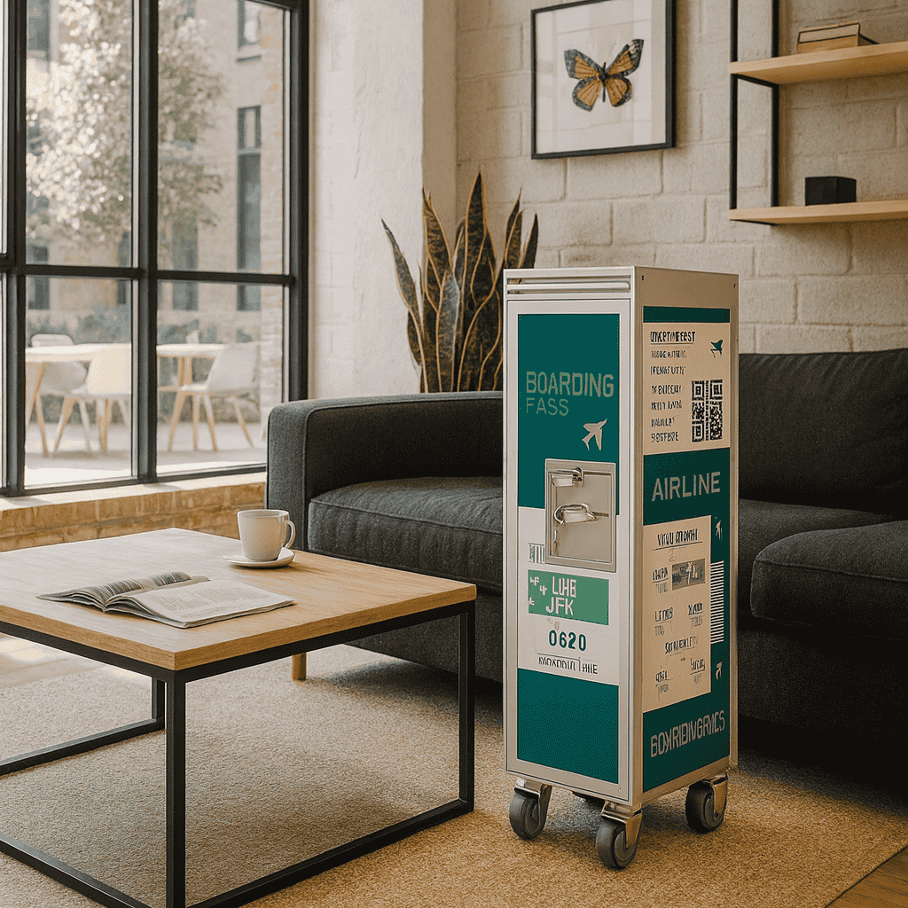 Moderner Wohnraum mit blauem Trolley auf Rädern neben dunkelgrauem Sofa und Holz-Couchtisch, große Fenster mit Blick auf Patio