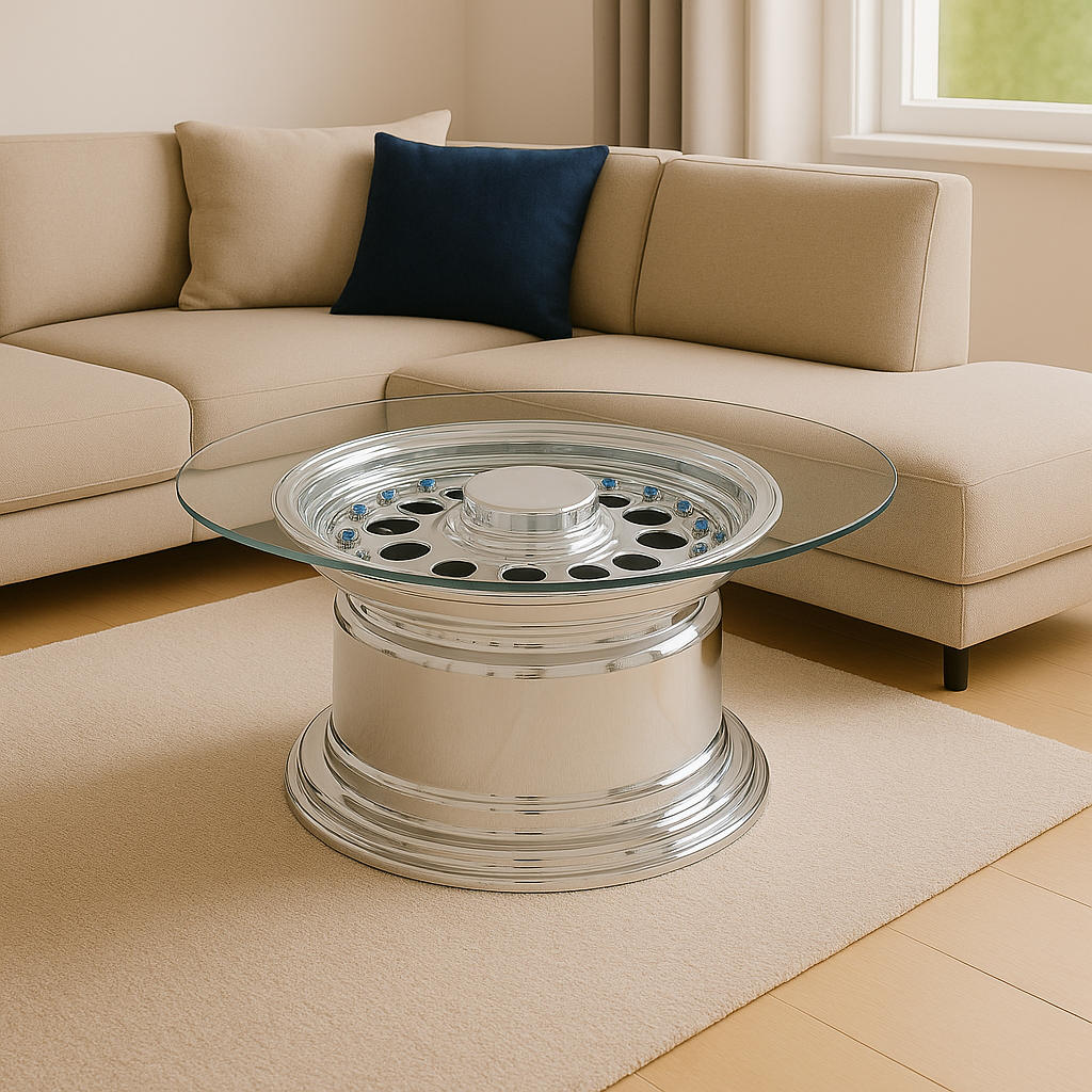 Moderner Wohnzimmerbereich mit beigem Ecksofa und Glas-Couchtisch auf silberner Autoteile-Basis.