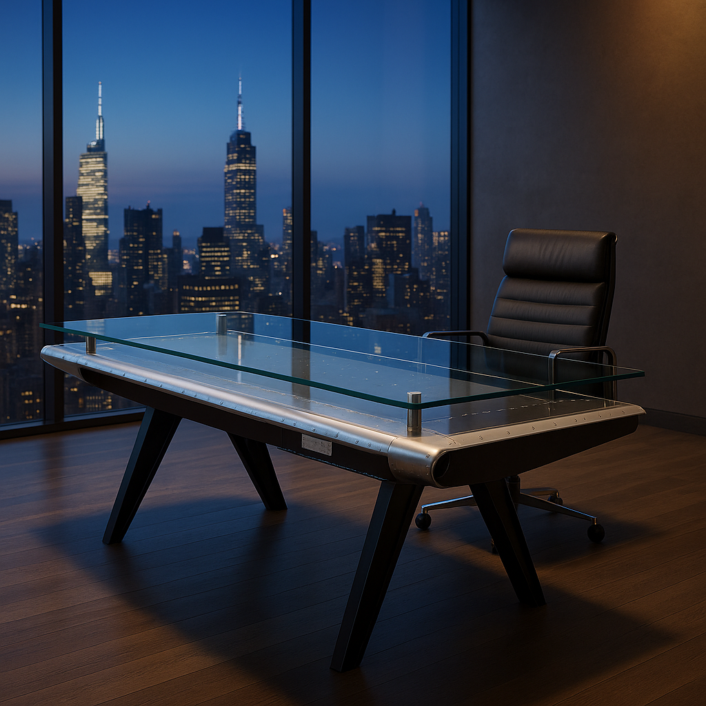 Modernes Büro mit gläsernem Schreibtisch und schwarzem Lederstuhl vor großen Fenstern bei Nachtbeleuchtung.