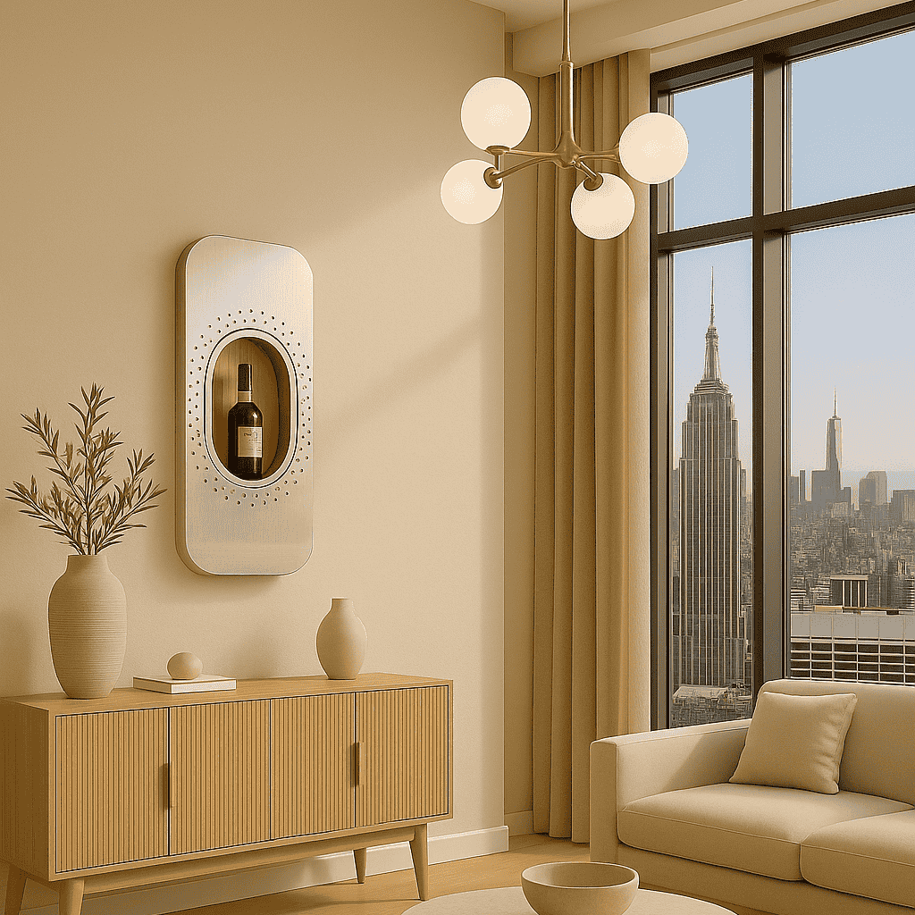 Modernes Wohnzimmer mit beigem Sofa, hölzernem Sideboard, Wandkunst und Fensterblick auf das Empire State Building.