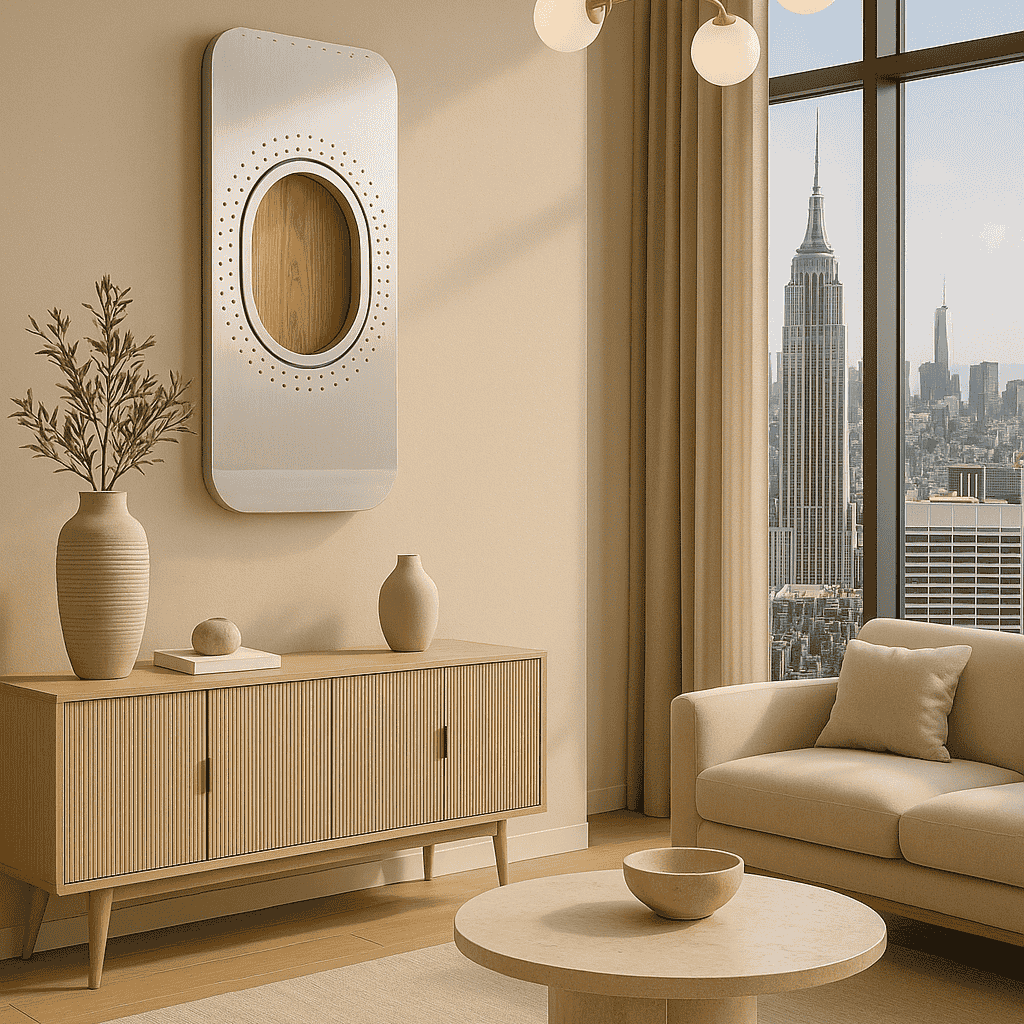 Modernes Wohnzimmer mit rundem Spiegel, Holzkommode, beigem Sofa, rundem Tisch und großem Fenster mit Stadtsilhouette