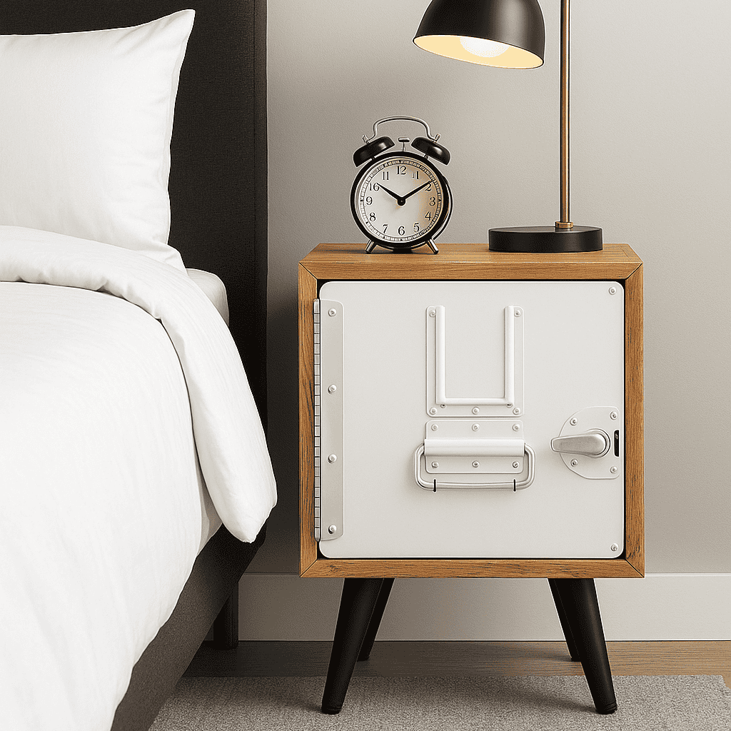 Eleganter Nachttisch mit grauer Metalltür, Retro-Wecker und Tischlampe neben einem Bett mit weißen Bezügen.