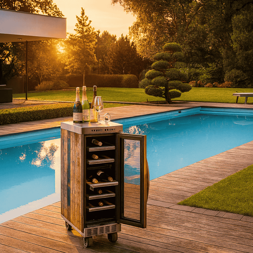 Offener Weinkühlschrank aus Holz mit Glasfront neben einem rechteckigen Pool und gepflegtem Garten bei Sonnenuntergang