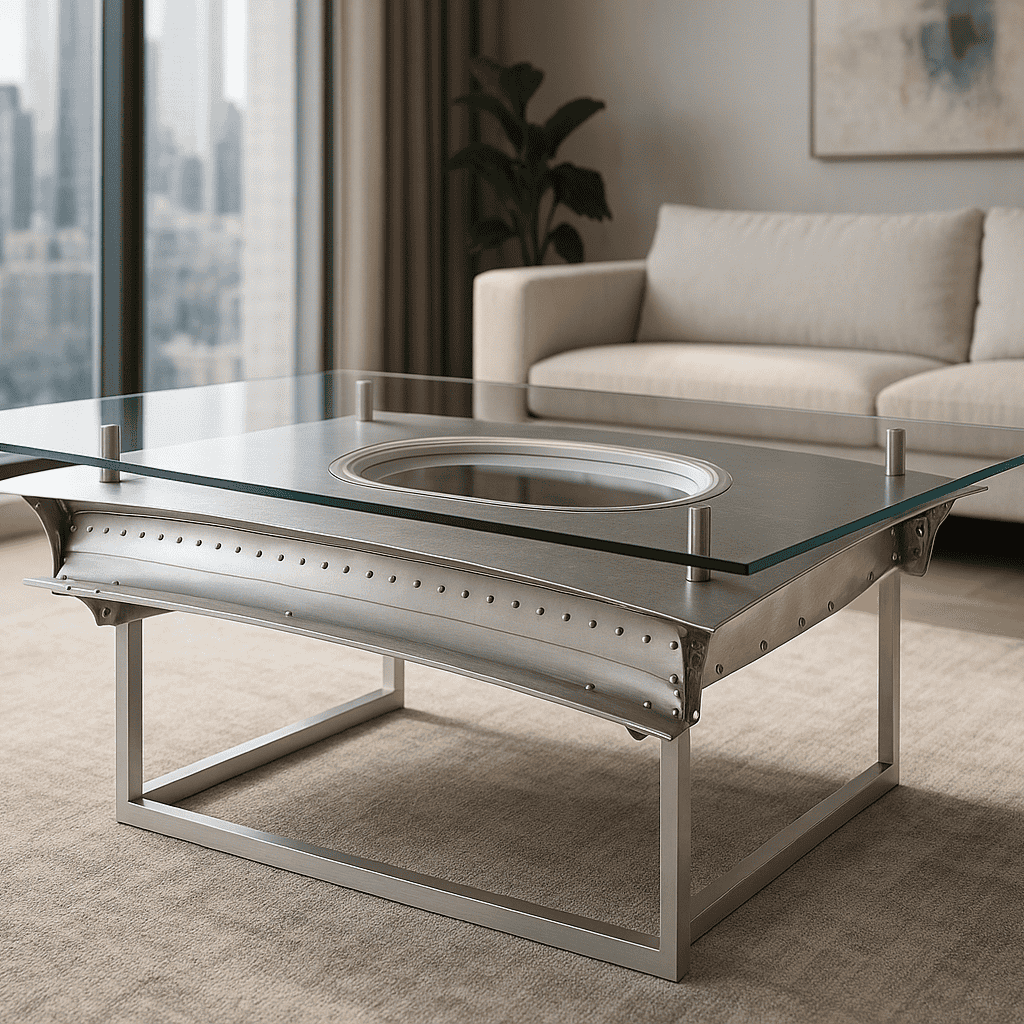 Quadratischer Designer-Couchtisch mit dickem Glas und gebogenem Metallfuß auf hellem Teppich, vor beigem Sofa mit Stadtblick.