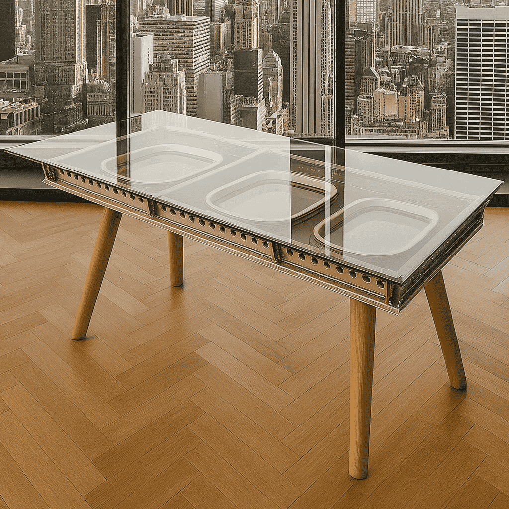 Schlichter rechteckiger Tisch mit Glasplatte und Holzbeinen auf Fischgrätparkett vor einem Fenster mit Stadtblick