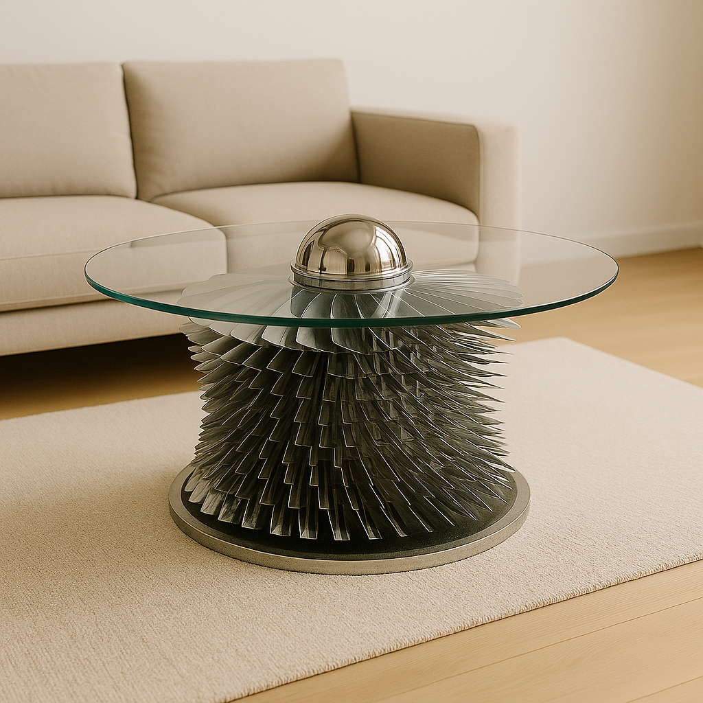 Runder Designer-Couchtisch mit Glasplatte und Turbinenbasis, beige Sofa auf beigem Teppich vor Holzboden.