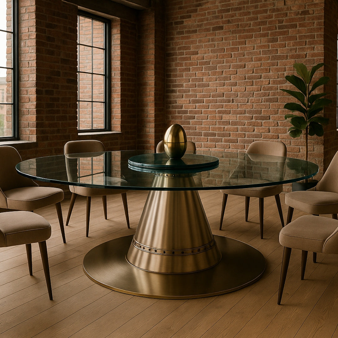 Runder Esstisch mit Glasplatte und goldfarbenem Sockel, umgeben von beigen Stühlen in einem Raum mit Backsteinwänden.