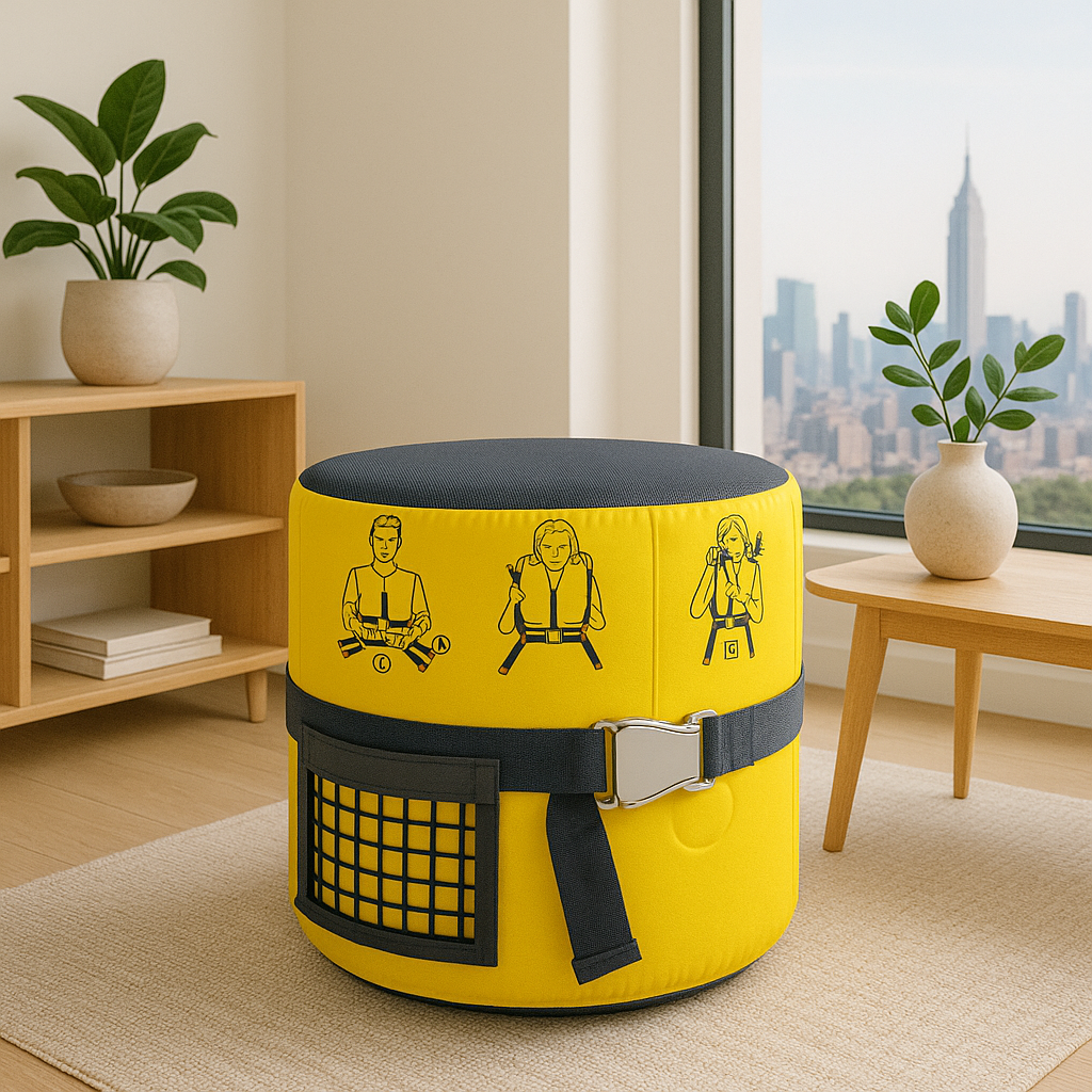 Runder Hocker im Flugzeugsitz-Design mit gelbem Bezug und Anschnallhinweisen in einem hellen Raum mit Skyline