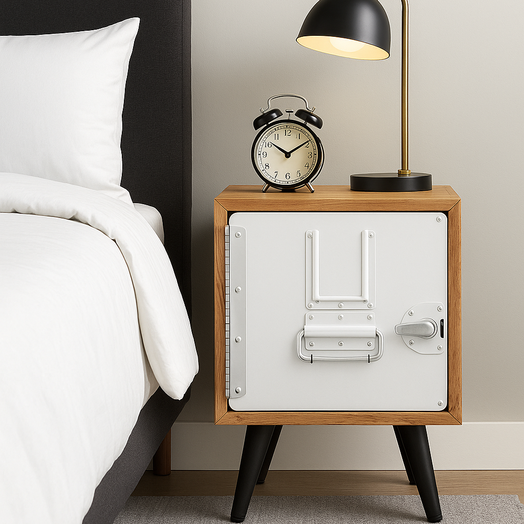 Schlafzimmerecke mit schwarzem Kopfteil, weißer Bettwäsche, Holznachttisch, Vintage-Wecker und schwarzer-goldener Lampe
