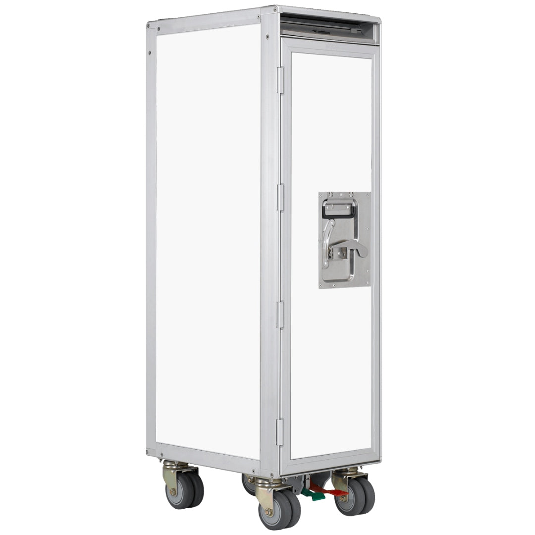 Hochwertiger, schmaler Airline-Trolley aus Aluminium mit weißen Paneelen, robuster Tür und Bremsrollen.