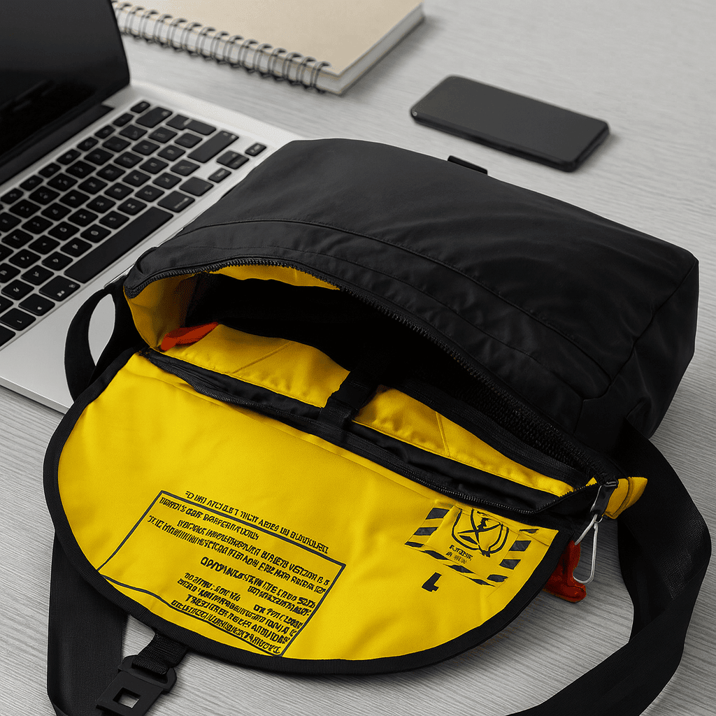 Schwarze taktische Umhängetasche mit gelbem Innenfutter und Organisationsfächern, neben Laptop und Smartphone