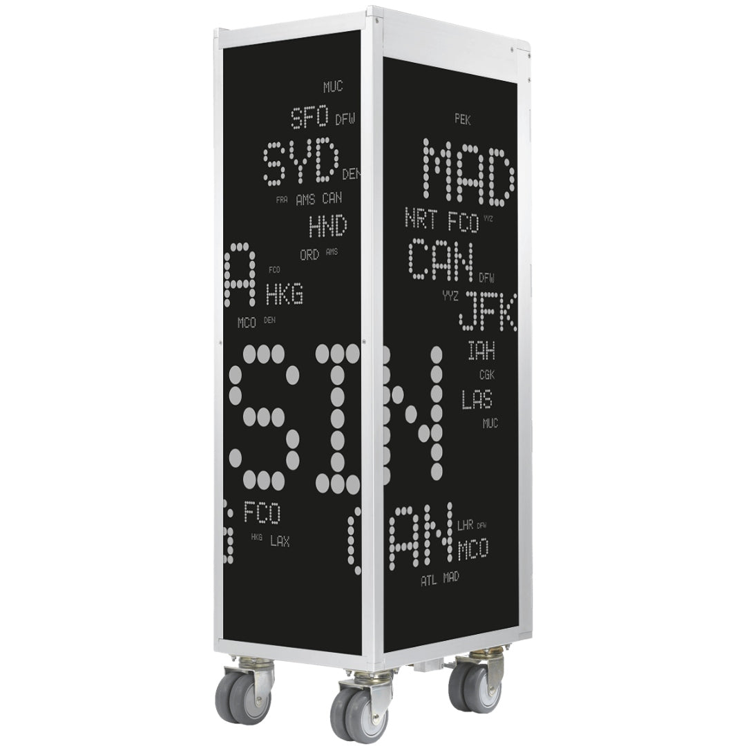 Schwarzes vertikales Flughafen-Codelichtfeld mit Rollen zeigt internationale Flughafencodes in weißer Punktmatrix