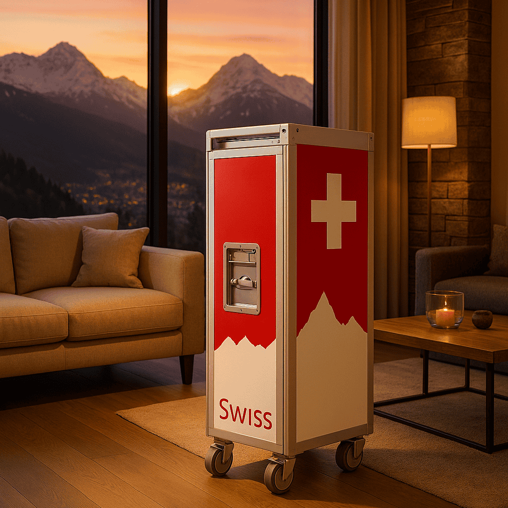 Schweizer Service-Trolley im roten und weißen Design mit weißem Kreuz und Berggrafik im Wohnzimmer bei Sonnenuntergang