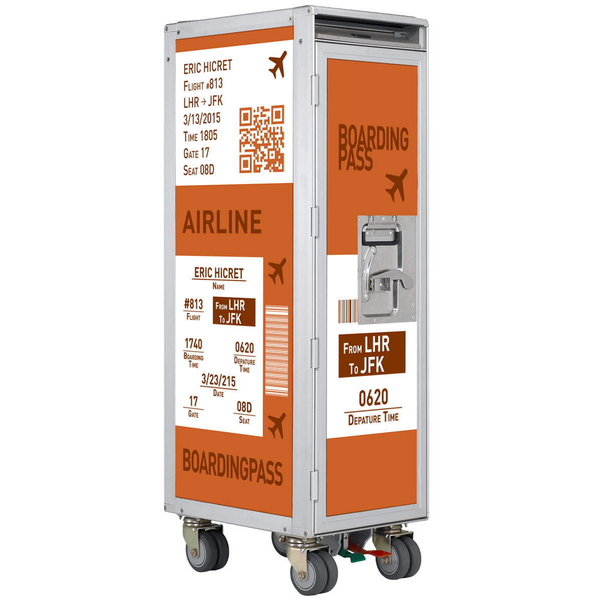 Silberner Flugzeug-Servicewagen mit orangem und weißem Boardingpass-Design und Fluginformationen