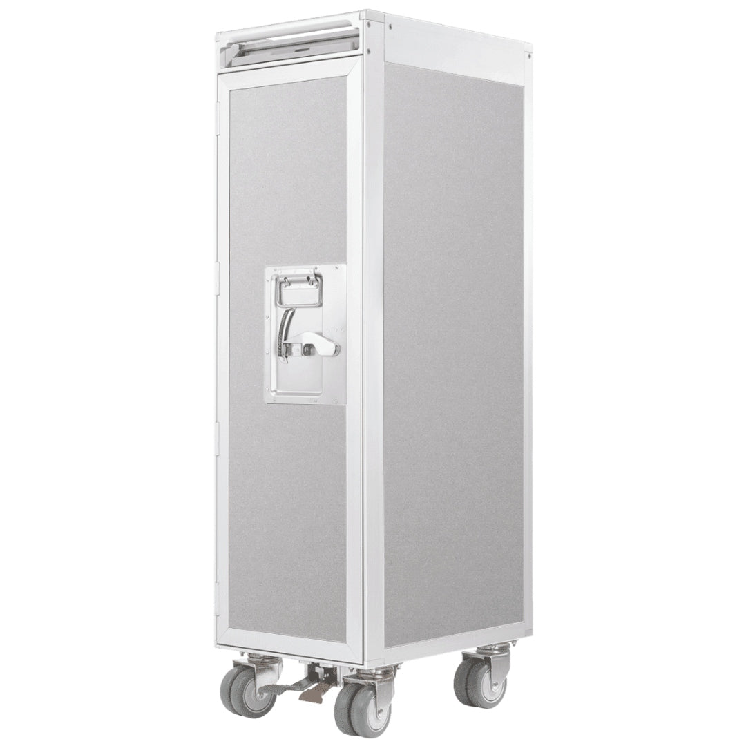 Hochwertiger silberner und weißer Metallaufbewahrungscontainer auf Rollen mit Griff und Verschluss.