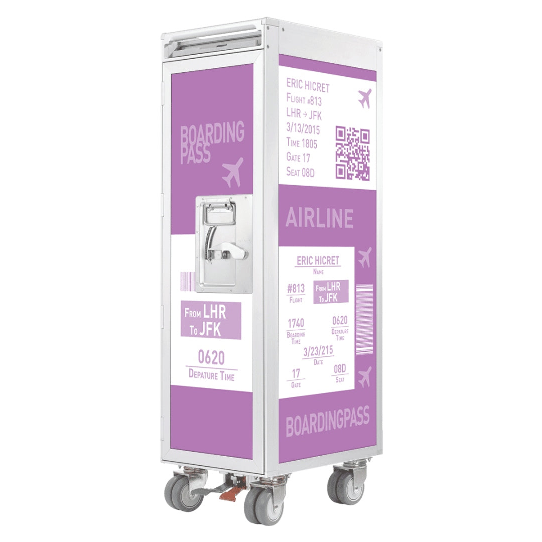 Skypak Airline Service Trolley mit Boardingpass-Designs in Weiß und Lila, personalisierte Flugdaten