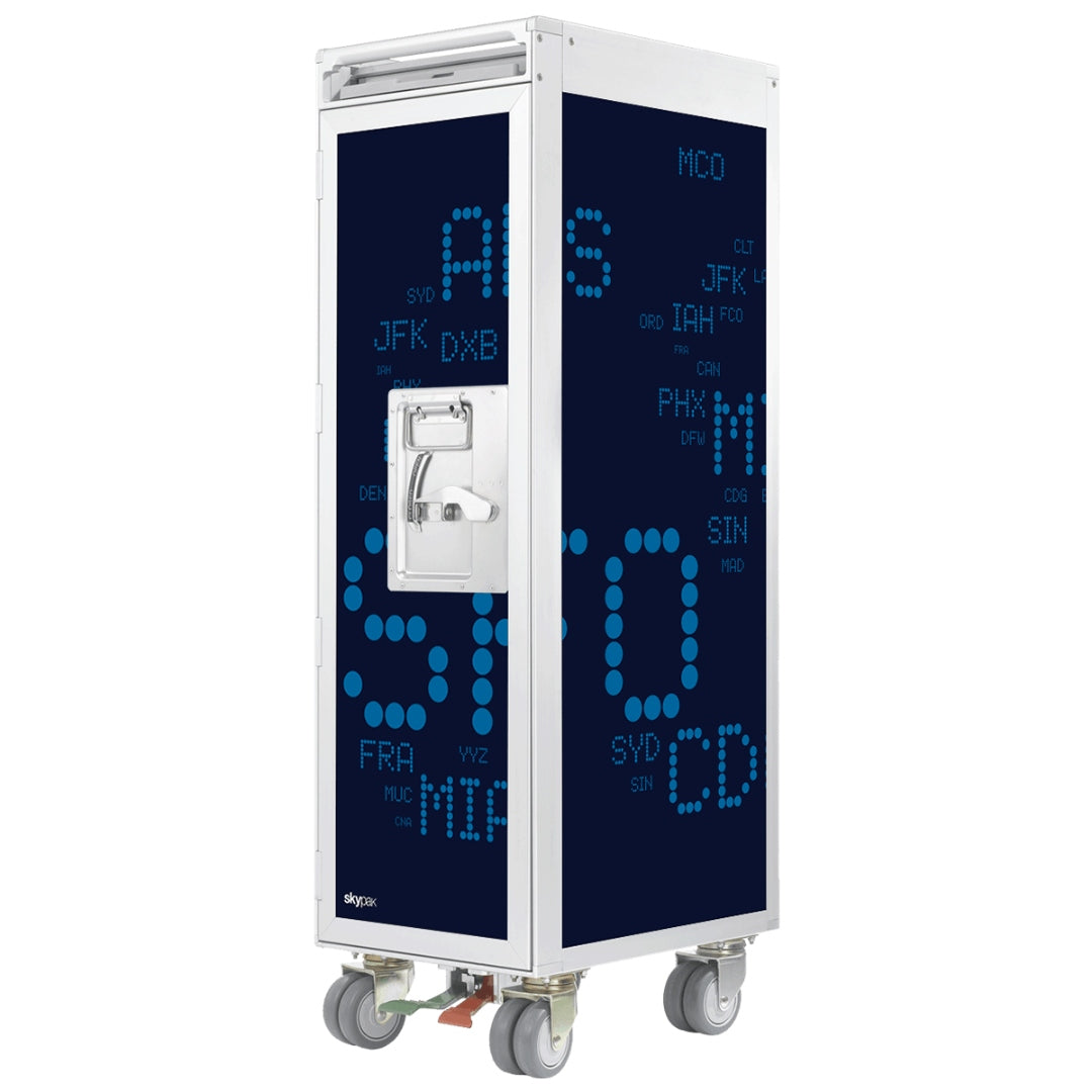 Hochwertiger Skypak Airline Trolley aus Flugzeugmaterial mit blauen Frontpaneelen und Flughafen-Codes