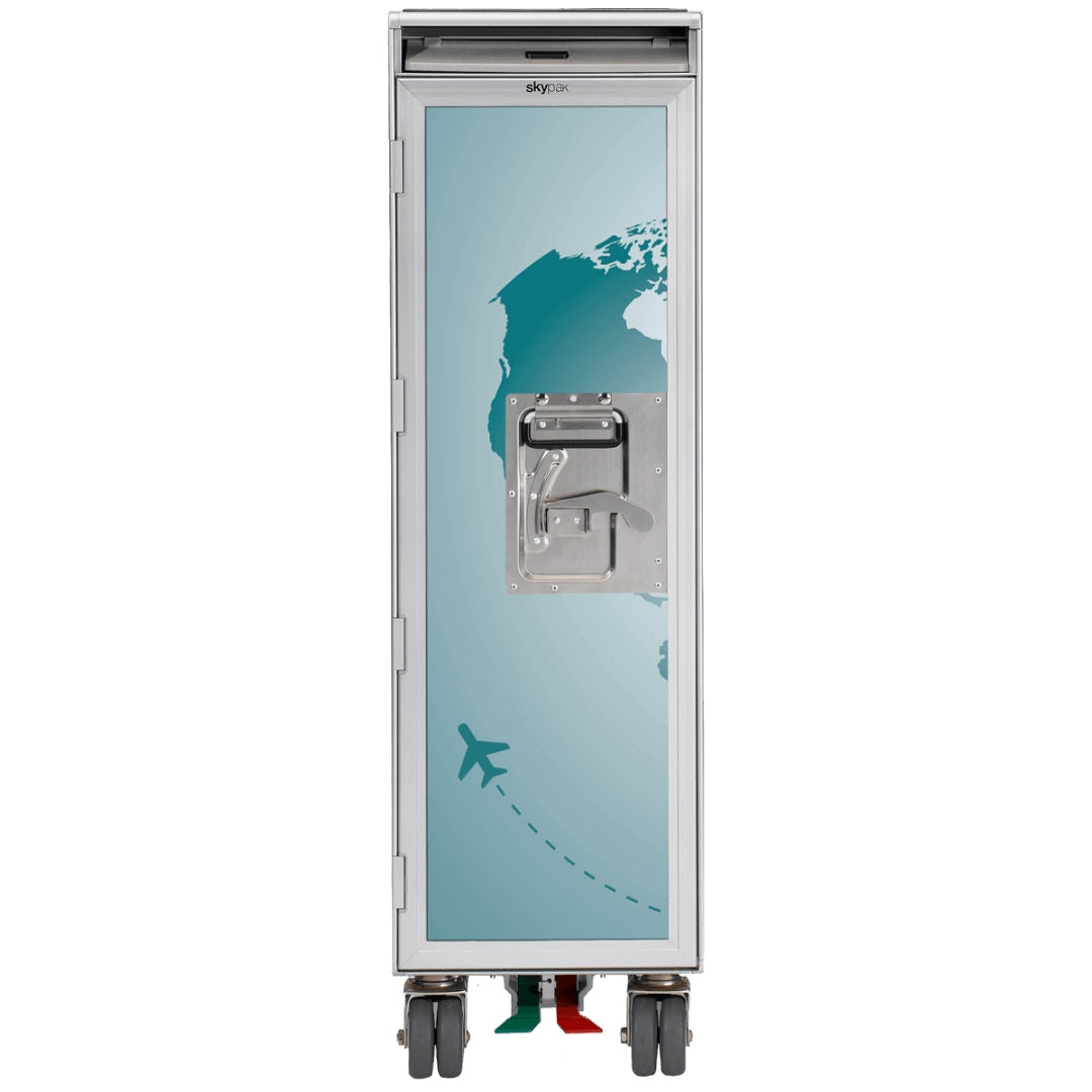 Moderner Skypak Airline Trolley aus Metall mit Weltkartengrafik und Flugzeugmotiv