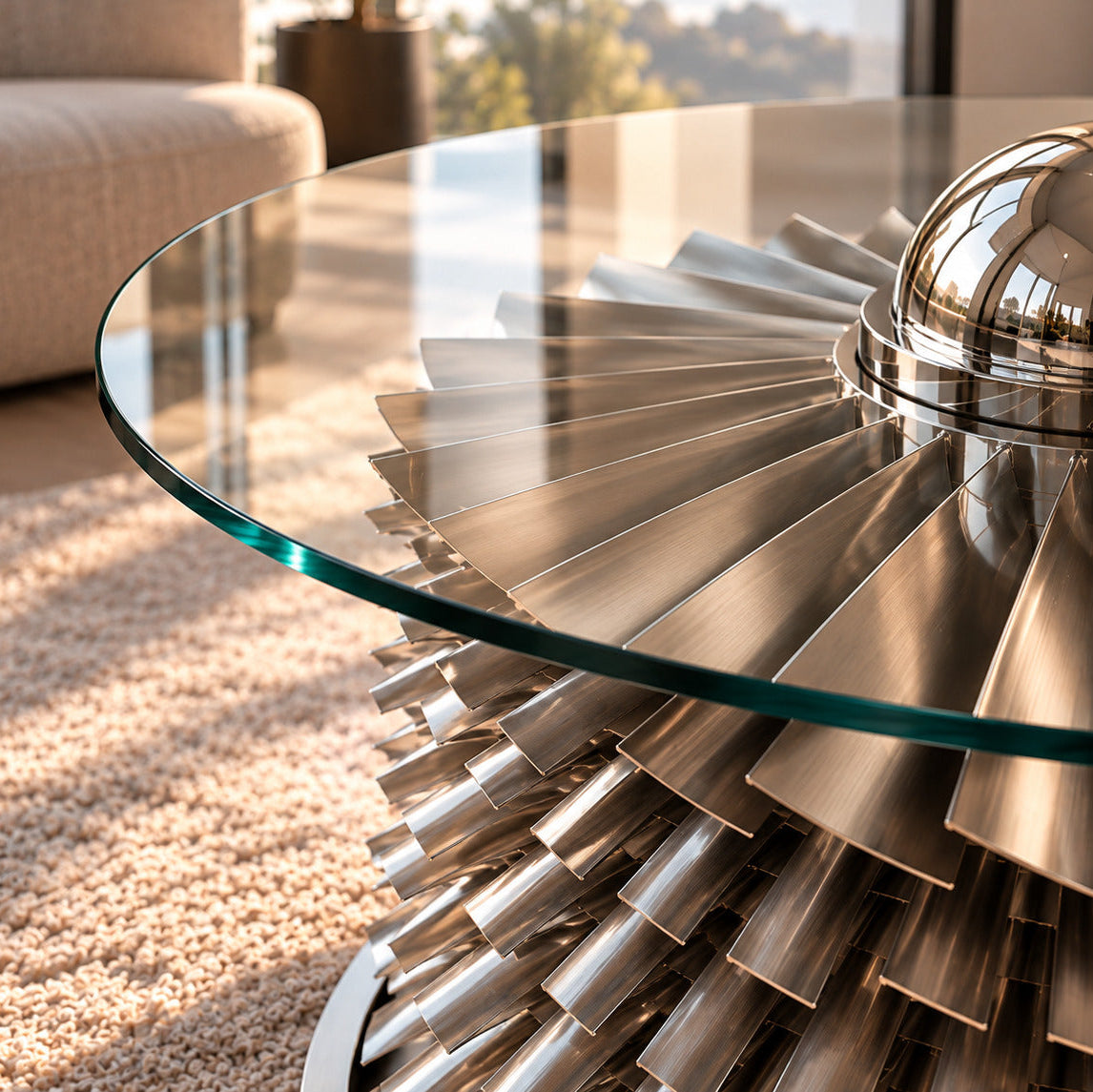 Close-up of Ivchenko AI-24 compressor coffee table with polished metal blades, chrome dome and round glass tabletop