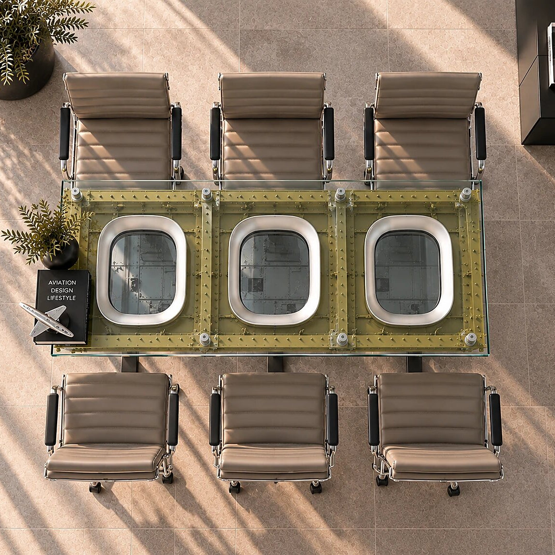 SKYPAK SLOT 3 collectible conference table featuring three original aircraft windows beneath a glass top in a luxurious office interior