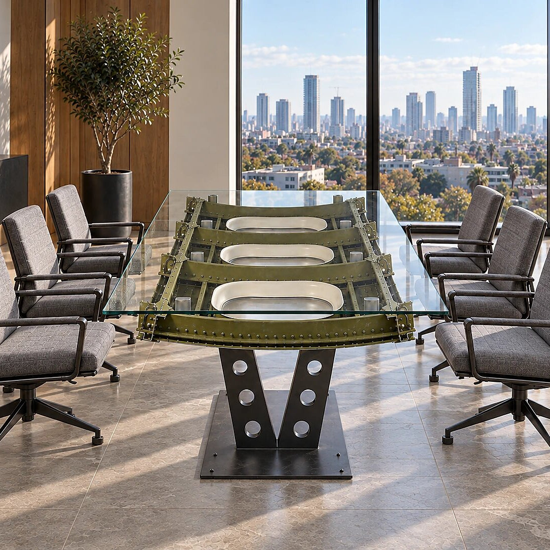 SKYPAK SLOT 3 statement conference table with three original aircraft windows beneath a glass top as an exclusive design feature in a contemporary meeting room