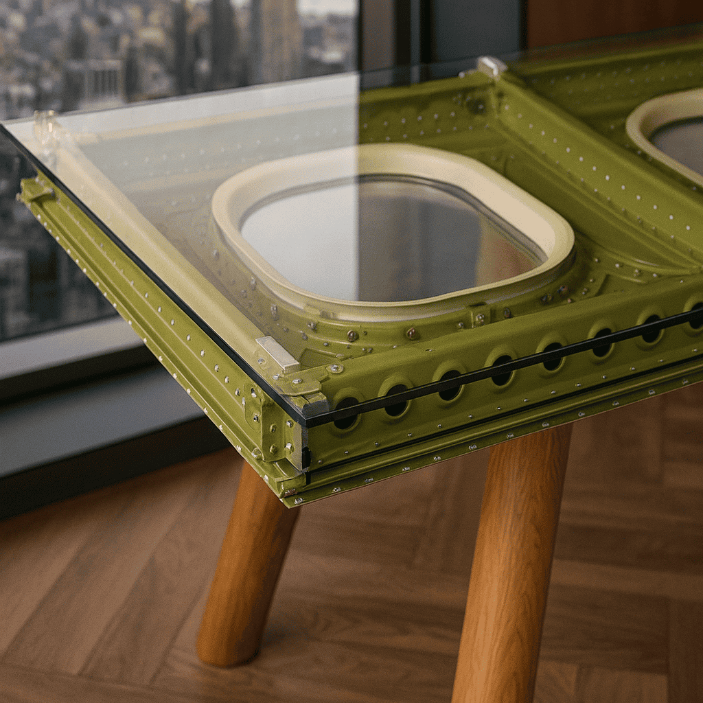 Tisch mit Glasplatte und grünen Metallpaneelen steht auf Holzboden vor unscharfen Stadtfenstern.