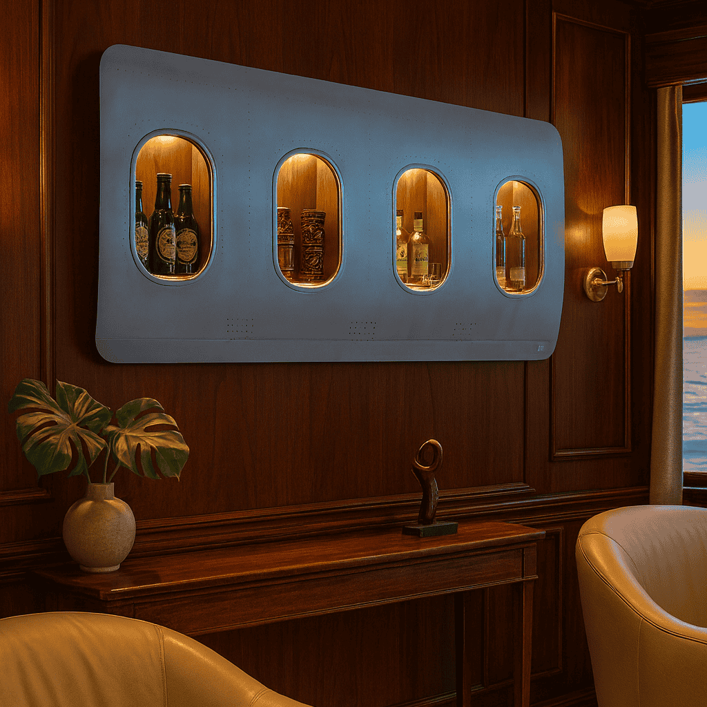 Elegante Ecke mit wandmontiertem Getränkeschrank in Flugzeugform, Holzkonsole, Ledersesseln und Meerblick.