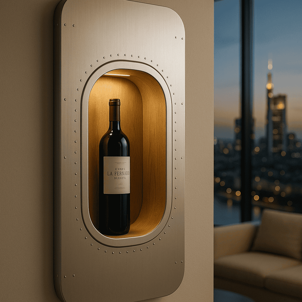 Dunkle Weinflasche in hölzernem Wandrahmen mit Stadtblick bei Dämmerung und beigem Sofa
