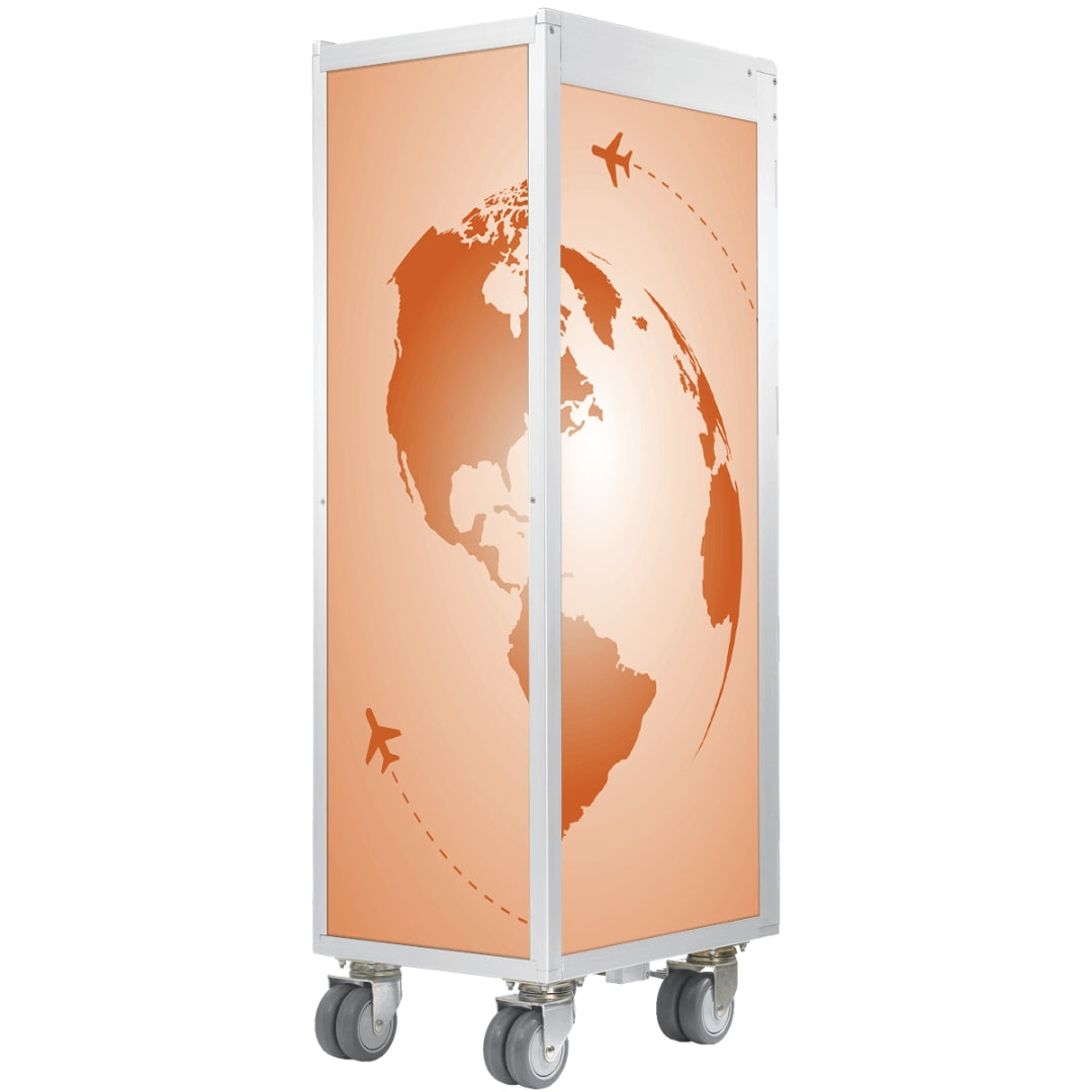 Weißer Airline-Trolley mit großen Rollen und orangefarbenem Globusmotiv der Amerikas mit Flugzeuggrafiken.