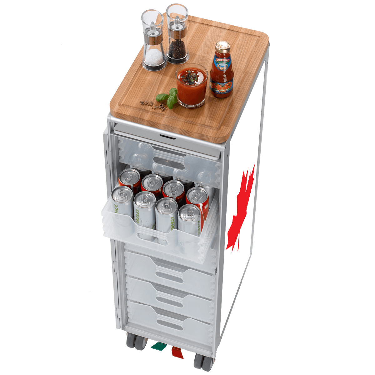 Moderner weißer Aufbewahrungswagen mit transparenten Schubladen und ENERGY-Dosen. Oben Holzbrett mit Gewürzen und Ketchup.